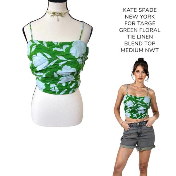 KATE SPADE NY FOR TARGET GREEN FLORAL RUCHED TIE LINEN BLEND TOP MEDIUM NWT. - Picture 1 of 7